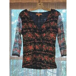 Ellen Tracy V-neck Top Size Medium Black Red Floral Lace Sleeves Victorian